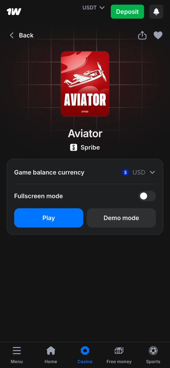 Atrodi 1w Aviator meklētājā vai crash spēļu sarakstā.